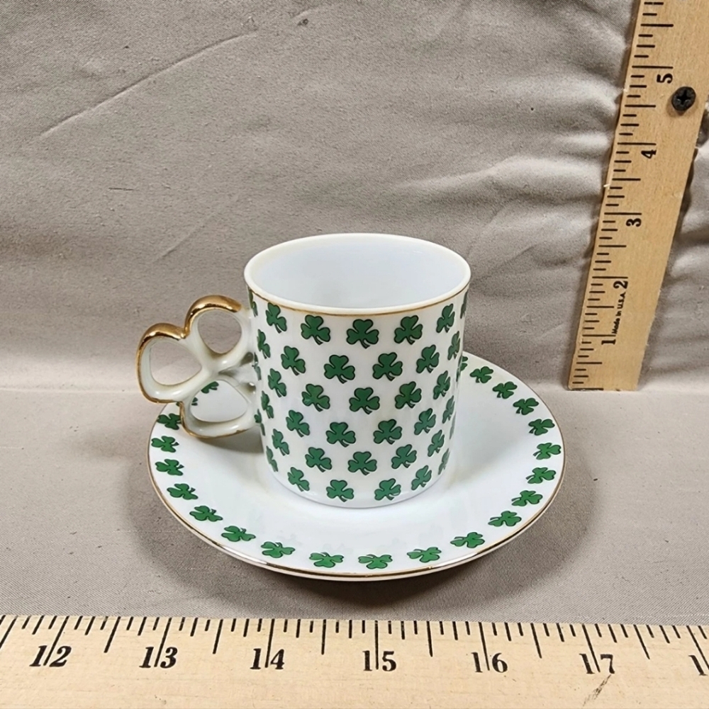 Vintage Enesco Japan Lucky Shamrock Tea Cup Saucer Set